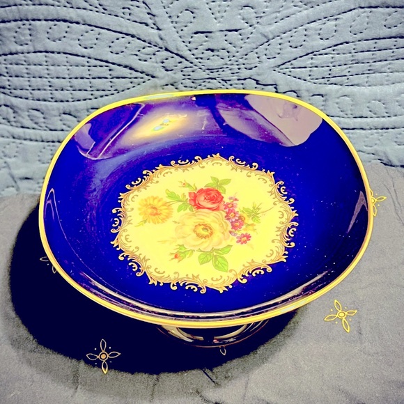 INGLASUR Cake Pedestal Stand Etched Kobalt. Very Rare in great shape - Picture 2 of 9